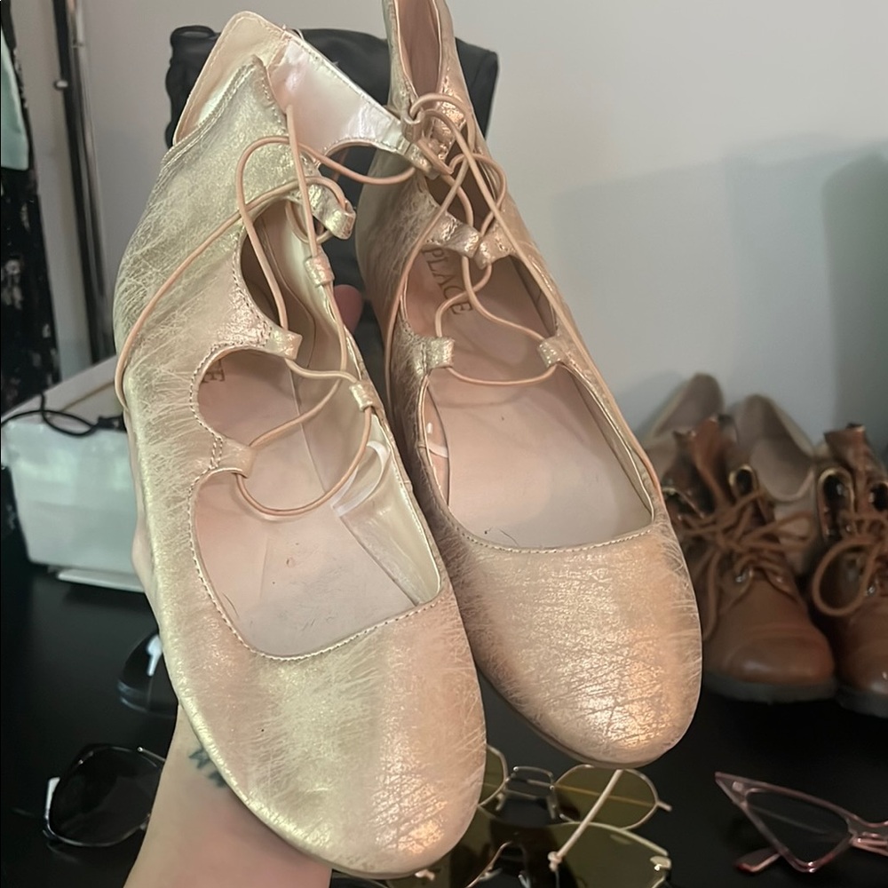 Elegant Gold Lace-Up Ballet Shoes